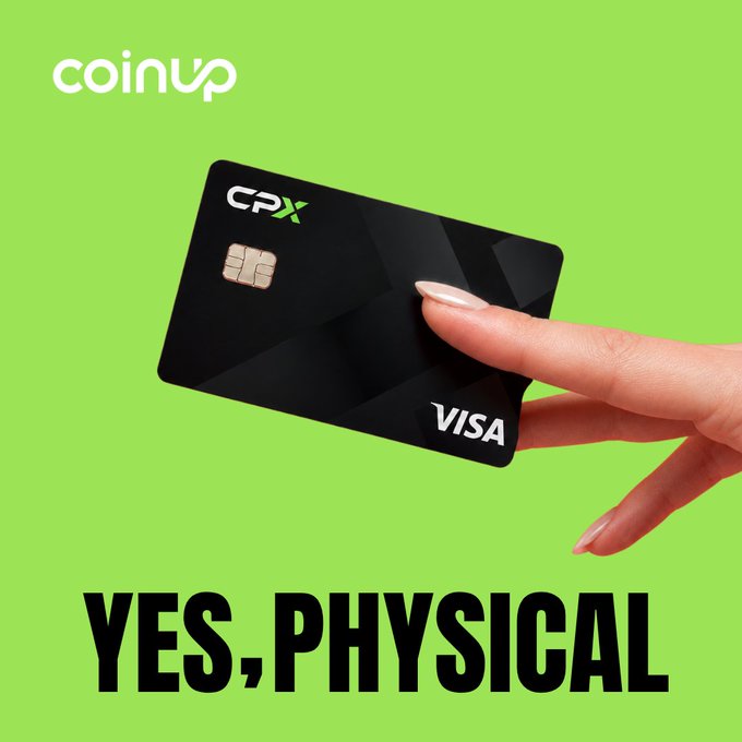 A promotional graphic for CoinUp featuring a hand holding a black CPX Visa card against a green background with the text 'YES, PHYSICAL'.