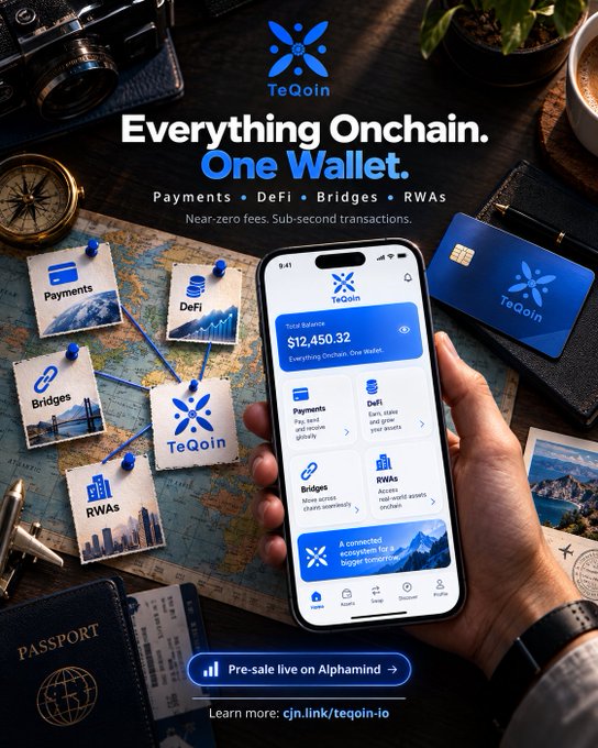 A promotional advertisement for TeQoin cryptocurrency wallet, featuring the tagline "Everything Onchain. One Wallet." along with DeFi, Bridges, and RWAs, and a link "cjn.link/teqoin-io" and "Pre-sale live on Alphamind".