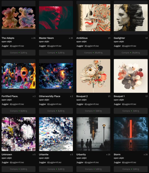 A digital marketplace grid displaying various Objkt art pieces for sale on Tezos, showing titles like 'The Adepts,' 'Master Neem,' 'Urbanity,' and 'Storm' with their editions and prices in tez.
