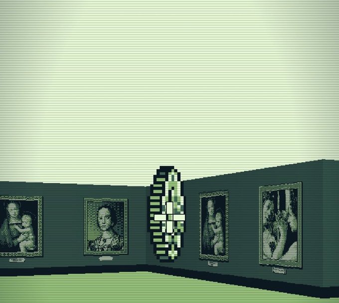 A pixel-art gallery scene displays several classic portrait paintings hung on a green wall, with a central NFT-style character hovering in the middle. The image visually represents "The Galleria," an Ethereum NFT collection set to mint on August 14, blending traditional art aesthetics with crypto-native pixel design.