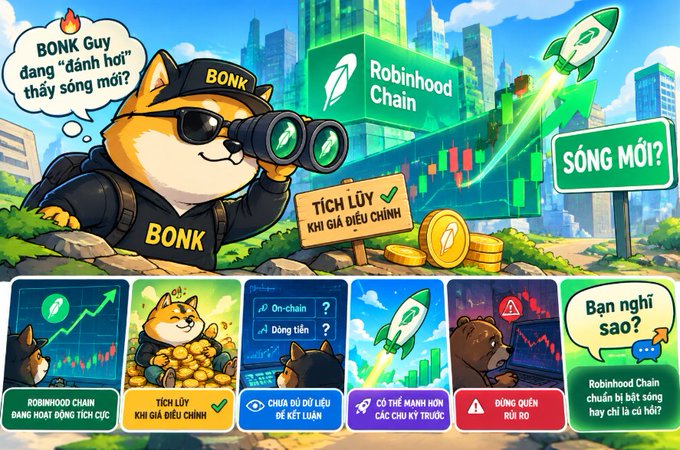 A cartoon-style promotional graphic featuring a Shiba Inu dog character labeled 'BONK Guy' with binoculars, set against a city skyline with the text 'Robinhood Chain' and Vietnamese phrases like 'TÍCH LŨY' (Accumulate) and 'SÓNG MỚI' (New Wave).