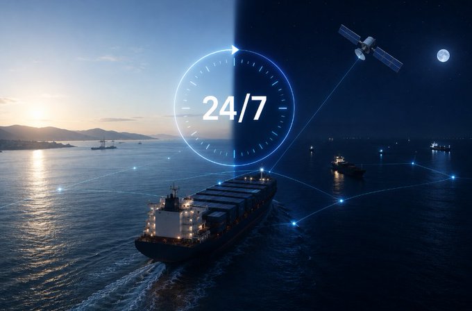 A split-screen image illustrates 24/7 maritime operations with a cargo ship at sea, overlaid with a clock graphic and a satellite against a night sky.