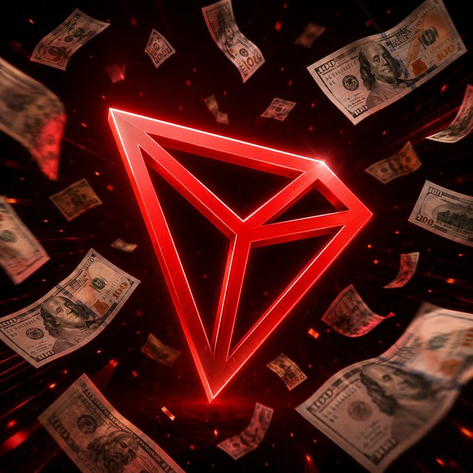 A glowing red TRON logo (associated with the ticker @trondao) is surrounded by floating $100 bills and red embers, visually emphasizing the network's role in stablecoin and USDT financial flows. The falling currency reinforces the post's claim about TRON's 97.8M+ stablecoin holders and its importance to remittances and P2P payments.
