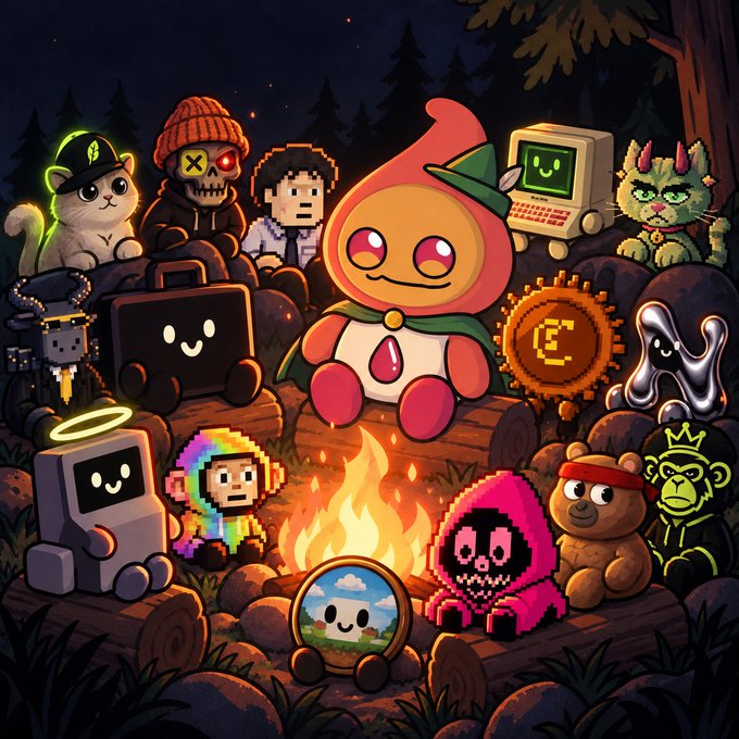 A colorful illustration depicts various stylized characters and creatures gathered around a campfire at night in a forest setting.