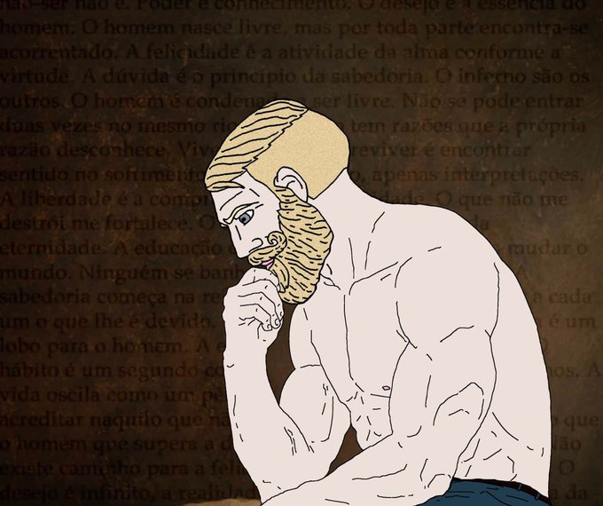 An illustration of a bearded nude man in a thinking pose overlaid on a background of Portuguese philosophical text.