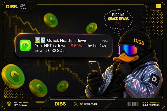 An NFT notification graphic shows "Quack Heads is down -18.59% in the last 24h, now at 0.32 SOL" alongside a duck character wearing a "DIBS" beanie and sunglasses, with a thought bubble reading "FUDDING QUACK HEADS".