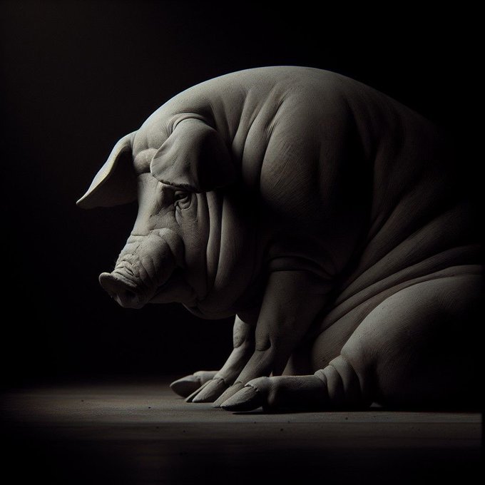 A dramatic, low-key digital sculpture or rendering of a pig sitting in a contemplative pose against a dark background, illuminated by soft light.