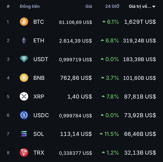 A cryptocurrency price chart in Vietnamese displaying coins including BTC ($81,106.69, +6.1%), ETH ($2,614.39, +6.8%), USDT, BNB, XRP, USDC, SOL ($113.14, +11.5%), and TRX.