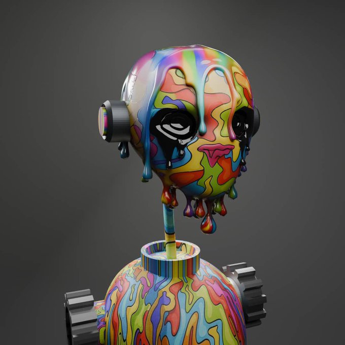 A colorful robot figure with melting rainbow paint drips on its skull-like head and shoulders, surrounded by a plain gray background, echoing the optimistic "gm" greeting with its bright, vibrant expression.