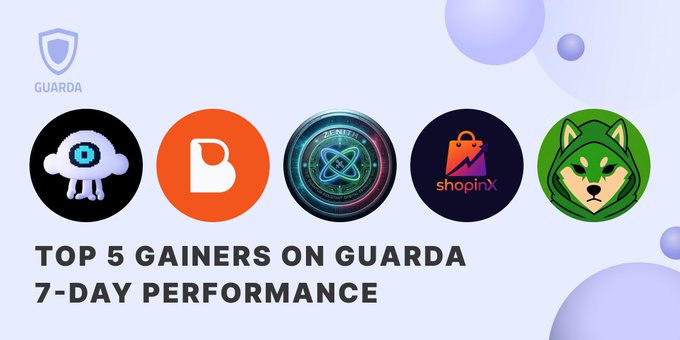 A Guarda crypto graphic titled 'Top 5 Gainers on Guarda 7-Day Performance' showing five cryptocurrency tokens including ShopinX and a Shiba Inu-style logo.