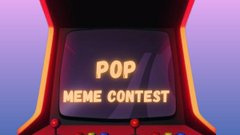 An animated graphic displays a retro-style television screen with the text 'POP MEME CONTEST' glowing in pink letters.