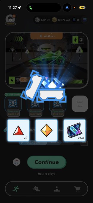 Mobile app screenshot of a game or trading interface displaying three loot boxes, 2:34 time, quantities (x3, x4), and a 'Continue' button, with icons for running, working, and shopping at the bottom.