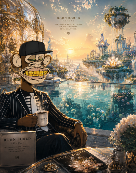 A Bored Ape NFT relaxes with a coffee, embodying the "Born Bored Sunday" theme of gratitude and creation amidst a fantastical, serene landscape. The image illustrates the sentiment of pausing to appreciate what is present, aligning with the post's message of reflection and gratitude.