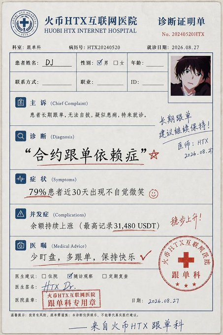 The image shows a stylized "diagnosis certificate" from 火币HTX互联网医院 (Huobi HTX Internet Hospital) for the humorous condition "合约跟单依赖症" (Contract Copy Trading Dependency Syndrome), with a recommended treatment of "少盯盘，多跟单" (watch charts less, follow trades more) and a noted complication of balances rising to 31,480 USDT. 

This satirical medical certificate ties directly to the post's promotion of Huobi HTX's "Contract Worry-Free Copy Trading" event, using a playful hospital theme to encourage users to follow expert traders instead of stressing over charts at 3 a.m.