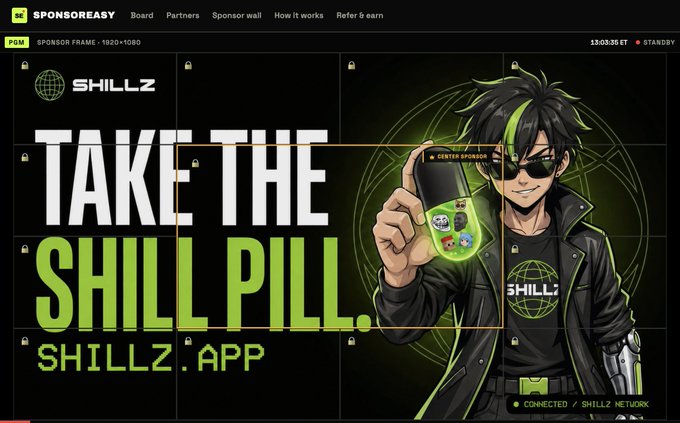 A dark green and black digital ad for "SHILLZ.APP" features an anime-style character holding a glowing pill, with bold text reading "TAKE THE SHILL PILL" and "SHILLZ.APP," tying into the "Shillz World Order" campaign by promoting the SHILLZ ticker as a call to join the network.