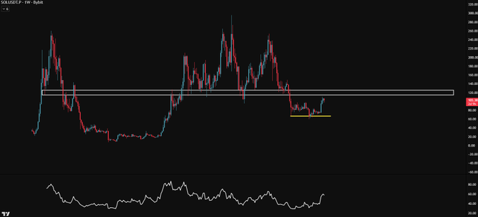A weekly candlestick chart for SOL/USDT displayed on TradingView with a black background, featuring red and cyan price bars, horizontal support/resistance lines, and an RSI indicator at the bottom.