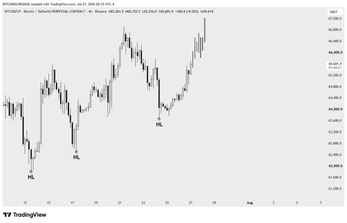 A TradingView 4-hour candlestick chart of BTCUSDT on Binance shows Bitcoin's price action around $65,216, with three "HL" (higher low) markers at approximately $61,500, $63,000, and $64,000 illustrating a clear uptrend, supporting the bullish sentiment that BTC is pumping toward the $67,000 target to liquidate shorts.