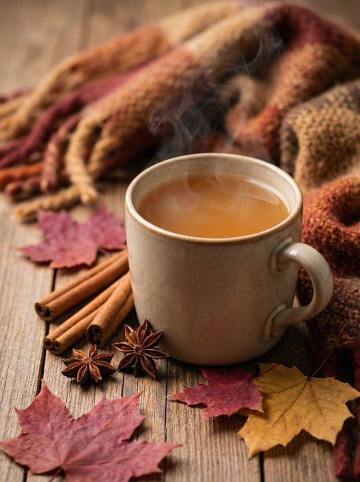 A steaming cup of tea or coffee sits on a wooden surface, surrounded by autumn leaves, cinnamon sticks, and star anise, with a cozy patterned blanket draped nearby.