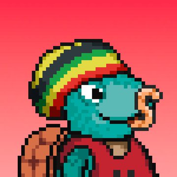 A pixel art character with teal skin wearing a red, yellow, and green striped beanie and a red shirt, set against a pink and red gradient background.
