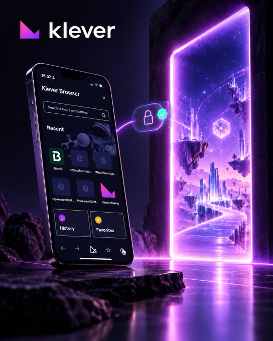 A promotional image displays the Klever Browser on a smartphone, connected by a purple line to a glowing portal showing a digital landscape.