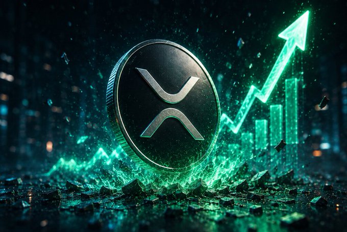 A glowing XRP coin rests amid shattered glass and rising green chart bars, visually reinforcing the post's message of XRP's rapid $4.7 billion market cap surge and renewed bullish momentum.