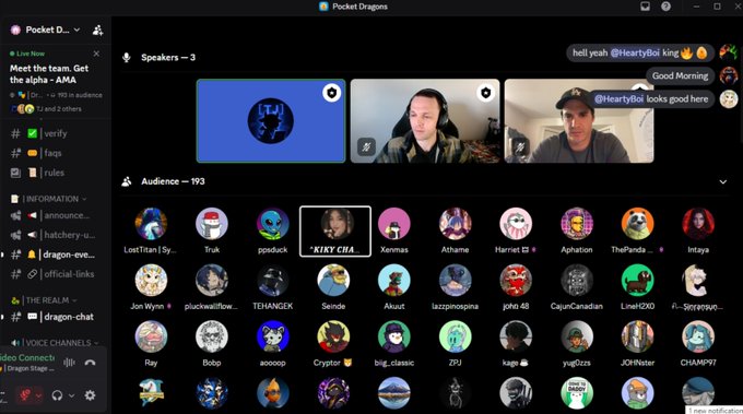 A Discord interface showing a 'Pocket Dragons' voice channel with three speakers and 193 audience members listening to a live discussion about 'AMA' (Ask Me Anything).