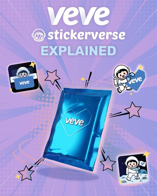 The image features a purple background with various stickers, including one that says "Vee" at the top of the frame. The stickers are scattered around the image, creating an interesting visual effect. Below the image, there's text explaining what Stickerverse is and how it works.