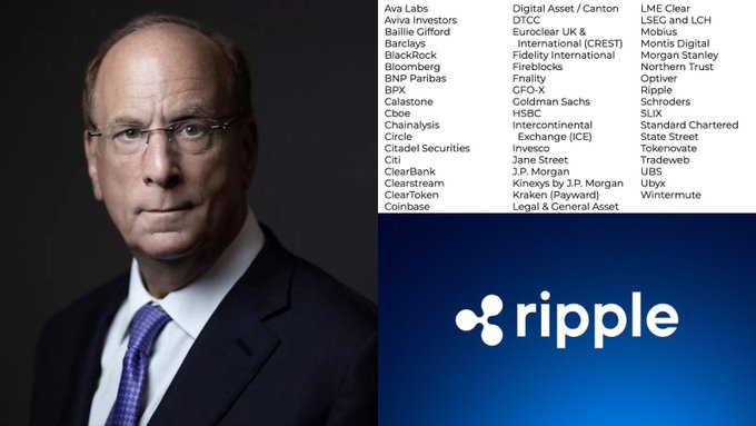 The image shows a man in a suit alongside a list of major financial institutions—including BlackRock, Goldman Sachs, JPMorgan, Morgan Stanley, and Ripple—that have joined the UK's tokenization taskforce, with the Ripple logo prominently displayed below.