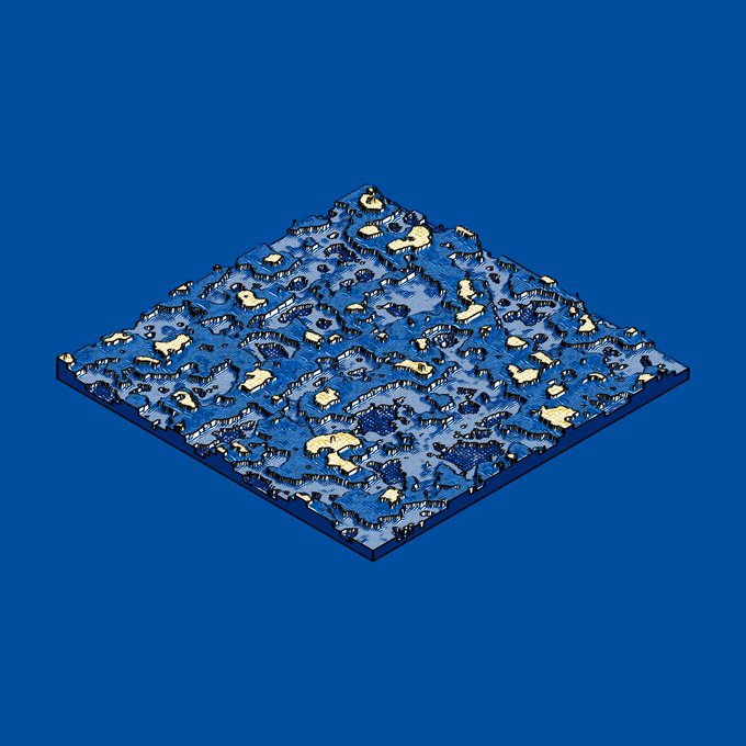 An isometric pixel art tile depicting a rocky terrain map with blue waters and sandy patches on a solid blue background.