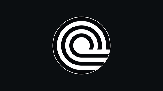 A black background with a white circular logo featuring a stylized '@' symbol design with concentric curved lines.