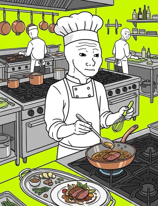 A cartoon-style illustration of a chef in a white uniform and tall chef's hat stirring food in a copper pan on a gas stove in a busy kitchen, with other chefs working in the background and a plated meal in the foreground.
