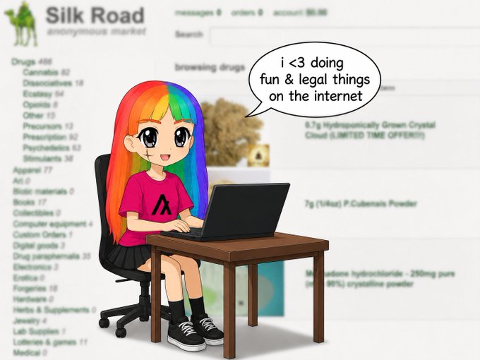 A cartoon character with rainbow hair sits at a desk with a laptop in front of a screenshot of the Silk Road anonymous marketplace, with a speech bubble reading 'i <3 doing fun & legal things on the internet.'