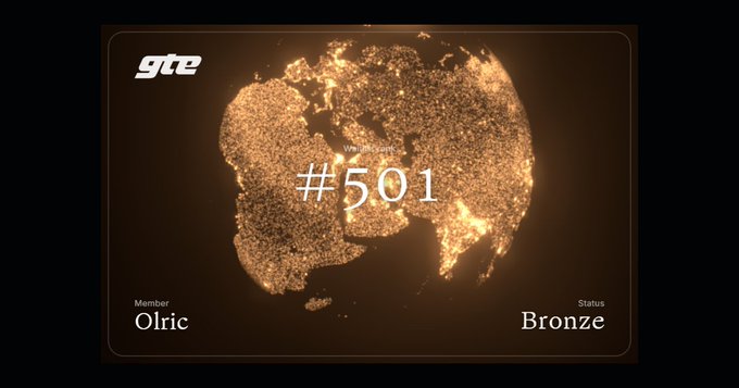 A bronze status card for member 'Olric' displaying the number '#501' over a golden particle globe design with the 'gze' logo in the corner.