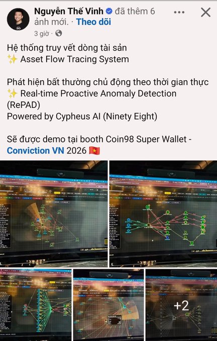 A Facebook post by Nguyễn Thế Vĩnh announcing an Asset Flow Tracing System and Real-time Proactive Anomaly Detection (RePAD) powered by Cypheus AI, which will be demoed at the Coin98 Super Wallet booth at Conviction VN 2026.