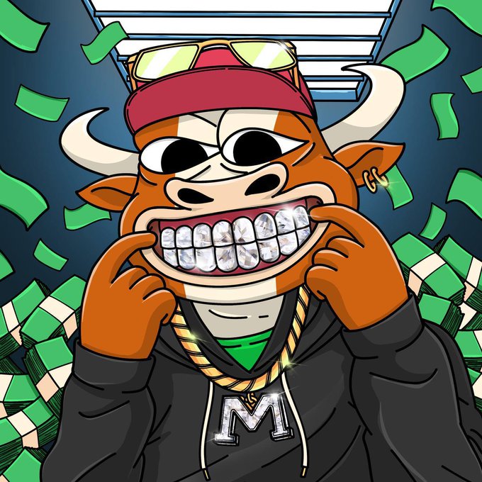 A cartoon bull mascot wearing a red cap, sunglasses, diamond-encrusted grillz, and an 'M' chain pendant, surrounded by falling money.