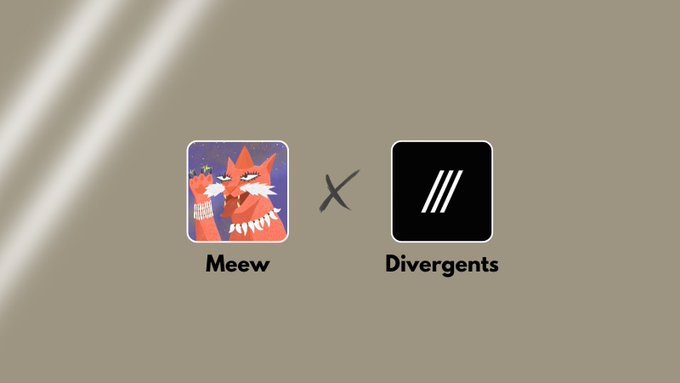 An image showing two logos with an 'X' between them: a fox-like character labeled 'Meeew' and a black square with three white lines labeled 'Divergents'.