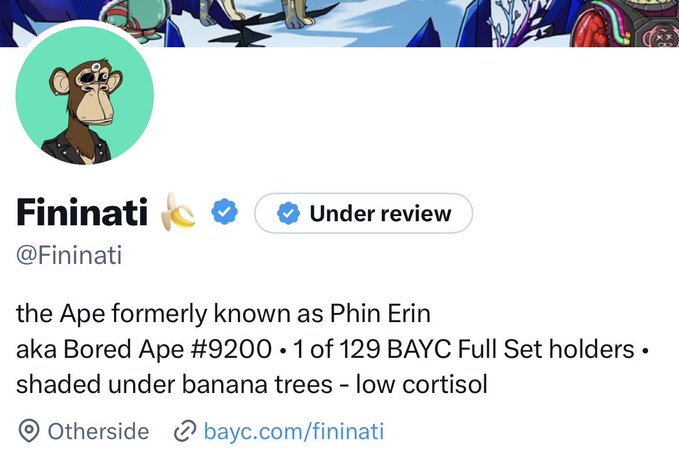 A social media profile for 'Fininati' (@Fininati) featuring a Bored Ape NFT avatar, describing itself as 'the Ape formerly known as Phin Erin aka Bored Ape #9200' with a link to bayc.com/fininati.