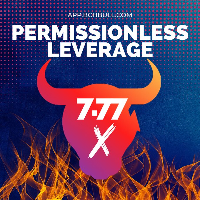 A promotional graphic featuring 'APP.BCHBULL.COM' and 'PERMISSIONLESS LEVERAGE 7.77X' with a fiery bull logo on a blue background.