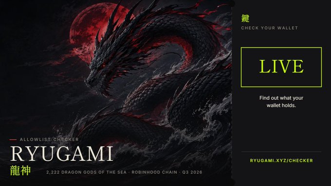 Promotional graphic for the 'RYUGAMI' NFT collection, featuring a large dark dragon coiled against a red moon with text 'ALLOWLIST CHECKER', '2,222 DRAGON GODS OF THE SEA · ROBINHOOD CHAIN · Q3 2026', and a 'LIVE' wallet checker at ryugami.xyz/checker.
