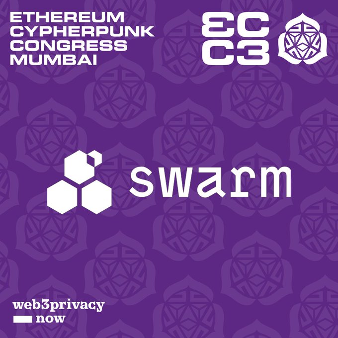 A purple graphic displays "ETHEREUM CYPHERPUNK CONGRESS MUMBAI", "ECC", the "swarm" logo, and "web3privacy now".