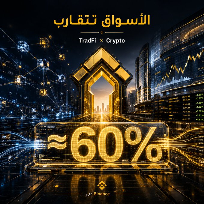 A futuristic digital gateway symbolizing the convergence of traditional and crypto finance, with "TradFi × Crypto" and "≈60%" prominently displayed alongside the "Binance" logo, visually reinforcing the post's message that nearly 60% of TradFi perpetual contract trading volume on Binance reflects growing user interest in accessing traditional markets through crypto platforms.