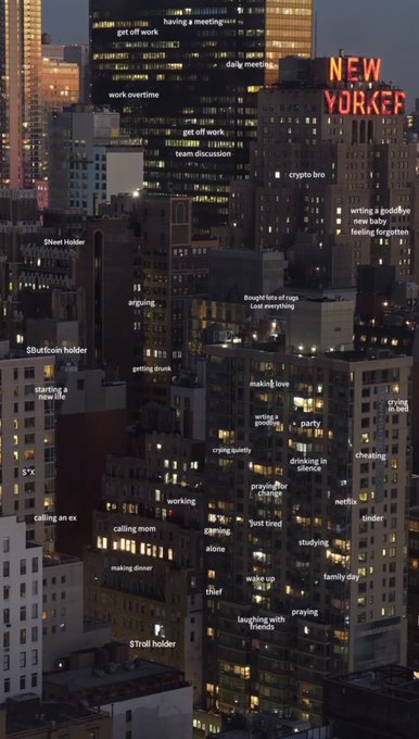 The image shows a city skyline at night, with tall buildings illuminated by bright lights. There are several words written below the picture of the buildings that seem to be related to the post about $Troll and $Buttcoin holders. The focus on these words suggests that there might be some discussion or information about these digital currency platforms in the image's context.