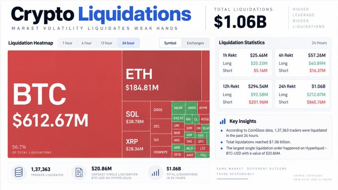 An infographic titled 'Crypto Liquidations: Market Volatility Liquidates Weak Hands' showing total liquidations of $1.06B, with BTC leading at $612.67M and ETH at $184.81M, including a liquidation heatmap and 24-hour statistics for longs and shorts across various cryptocurrencies.