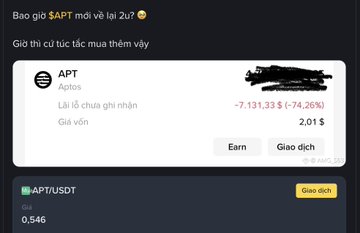 A crypto trading interface shows a user with an unrealized loss of -$7,131.33 (-74.26%) on their APT (Aptos) position, with their 2.01 APT holdings now worth only $2.01 against a $2 entry price, illustrating the post's story of someone who bought ~$10K worth of APT at $2 and watched it crash to $2K.