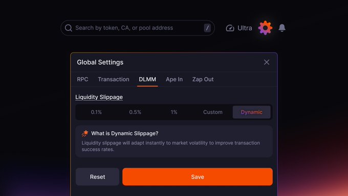 A dark-themed Global Settings modal on edge.meteora.ag is open to the DLMM tab, where Dynamic Slippage is highlighted as the selected Liquidity Slippage option alongside presets of 0.1%, 0.5%, 1%, and Custom, with a tooltip explaining it adapts to market volatility to improve transaction success rates. The image visually supports the post's announcement by showing the exact interface where users will now find Dynamic Slippage set as the default.