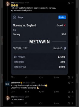 A Stake.com betting slip shows a failed 1x2 wager on Norway vs. England (Ended status) for $75.02 at 3.90 odds, which would have been voided due to Norway's first goal being disallowed by VAR—turning a potential win into a complete loss.