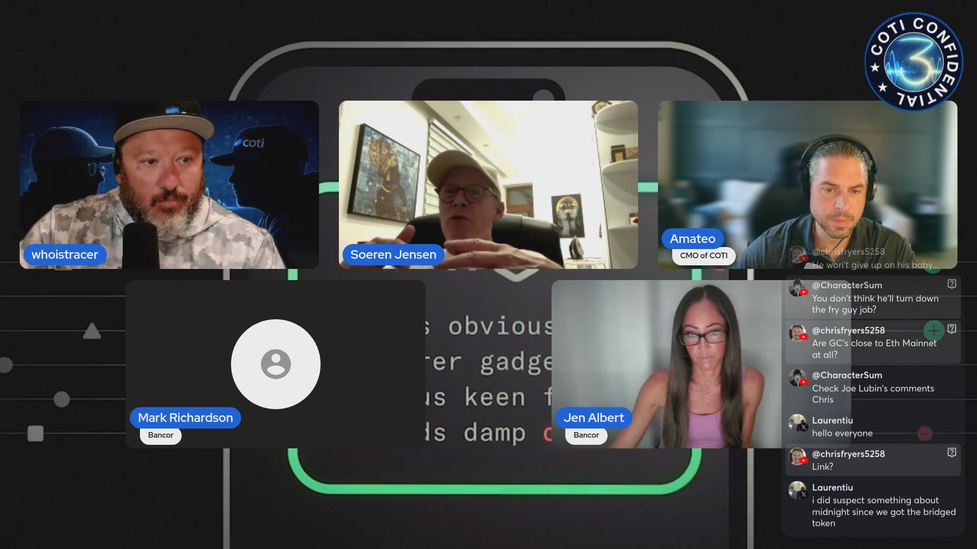 The image shows a group of people participating in an online meeting or conference call, with each person's face displayed on their respective screens. The screen displays the names of the participants, including one who appears to be wearing a hat. The background is black, providing contrast for the images and making them stand out. The post includes text that reads "COTI Confidential - Season 3 - Episode 8 - June 10th 2026". This information suggests that the image might have been taken during an online meeting or conference call related to the COTI company's season three series, which was released in June of that year.