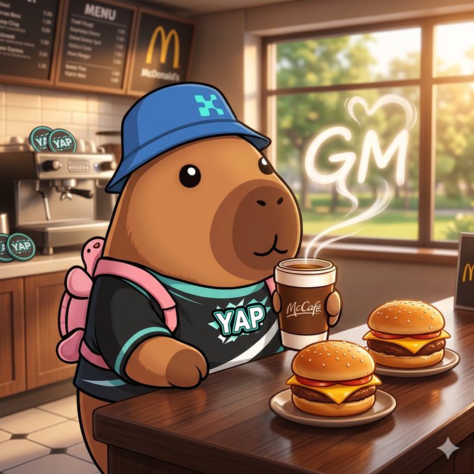 A cartoon capybara wearing a blue cap and a 'YAP' shirt holding a McCafe coffee cup at a McDonald's counter, with cheeseburgers on the table and 'GM' written in glowing letters.