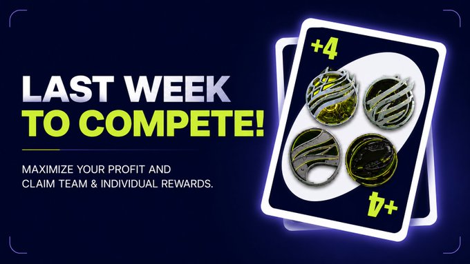 Promotional graphic with bold text "LAST WEEK TO COMPETE!" and "MAXIMIZE YOUR PROFIT AND CLAIM TEAM & INDIVIDUAL REWARDS," alongside a stylized playing card displaying four orbs and the text "+4" and "b+," encouraging users to join WhiteBit's Influence Trade Battle finale.
