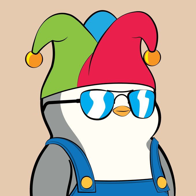A cartoon penguin wearing a colorful jester hat with green and red points, sunglasses reflecting a beach, and blue overalls against a beige background.